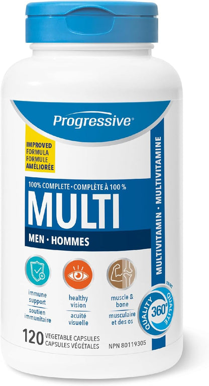 Progressive Advanced 成人男士每日複合維生素，含鋸棕櫚、胡蘆巴和瑪卡。支持免疫健康、提升能量、改善情緒，100% 完整配方，加拿大製造，120 粒裝