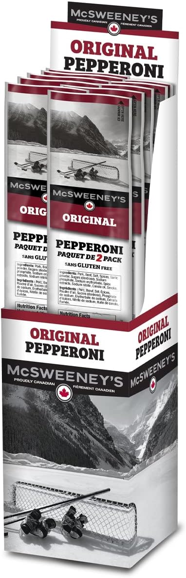 McSweeney's Original Dry Cured Pepperoni Sticks. 100% Made in Canada, Naturally Smoked, High Protein Snacks, Gluten Free Meat Snacks, No Refrigeration Required, Bulk Case. 80g (Pack of 10)