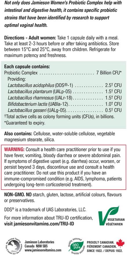 Jamieson 女性益生菌複合物，70 億活性細胞，支持消化系統健康、腸道健康、腸道菌叢和陰道健康。富含乳酸桿菌和雙歧桿菌，非基因改造，無麩質，45 粒素食膠囊