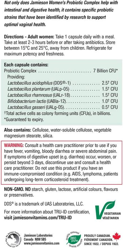 Jamieson 女性益生菌複合物，70 億活性細胞，支持消化系統健康、腸道健康、腸道菌叢和陰道健康。富含乳酸桿菌和雙歧桿菌，非基因改造，無麩質，45 粒素食膠囊