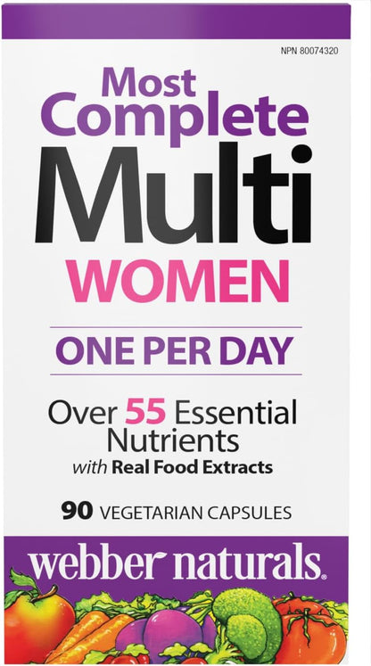 Webber Naturals Most Complete Multi For Women, 90 Capsules, One-Per-Day, Over 55 Vitamins, Minerals, and Whole Food Fruit and Vegetable Sources per Capsule, Vegetarian