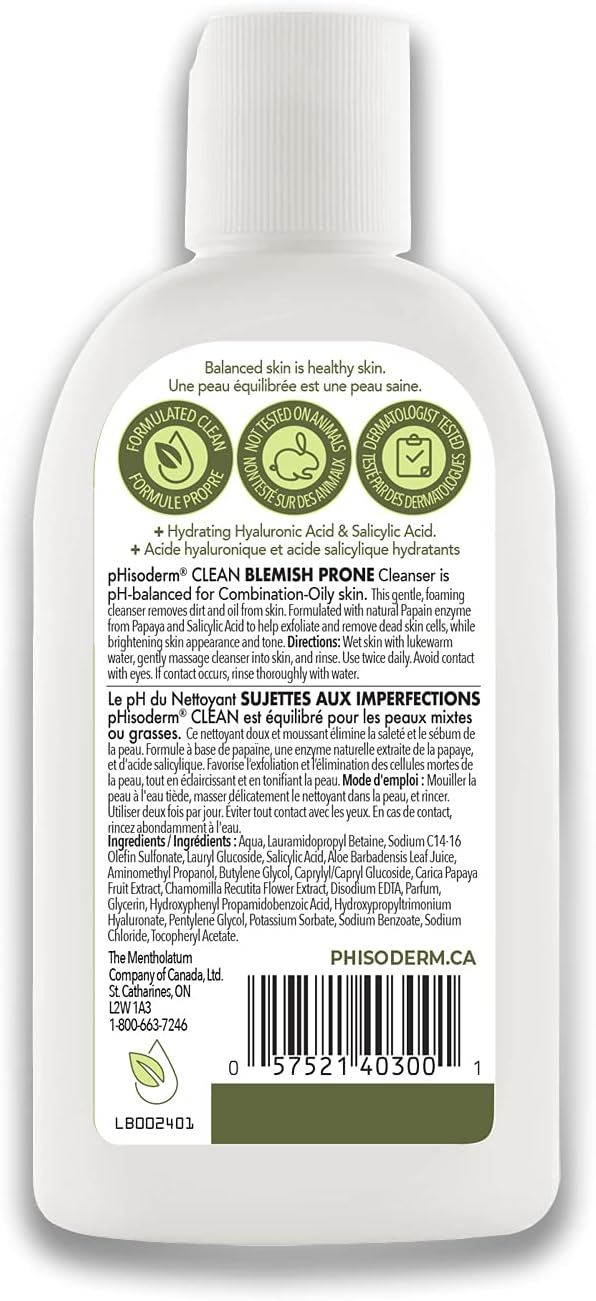 pHisoderm CLEAN Blemish-Prone Facial Cleanser with Salicylic Acid and Hyaluronic Acid, Paraben-Free, Soap-Free, Mineral Oil Free 177 ml (Pack of 1)