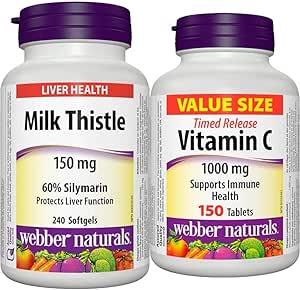 Webber Naturals Milk Thistle Extract, 150 Mg 240 count & Vitamin C Timed Release 1000 mg, 150 Tablets, For Bones, Teeth, Immune and Antioxidant Health