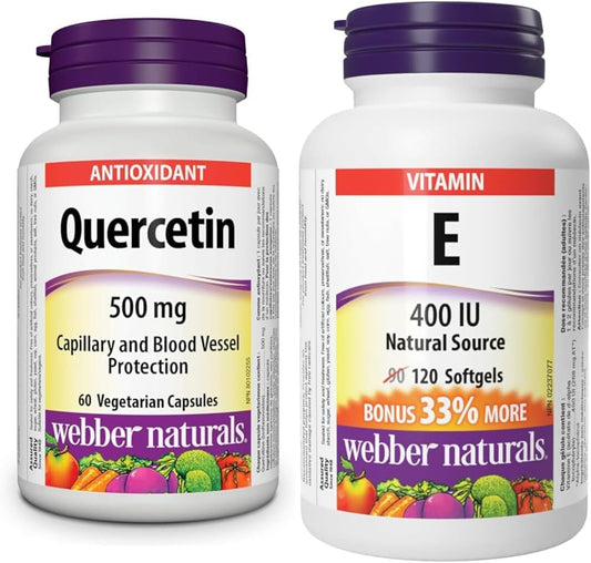Webber Naturals Quercetin 500 mg, 60 Capsules, Antioxidant Support, Vegan & Vitamin E 400 IU, 120 Softgels, Natural Source of Vitamin E, Antioxidant Support