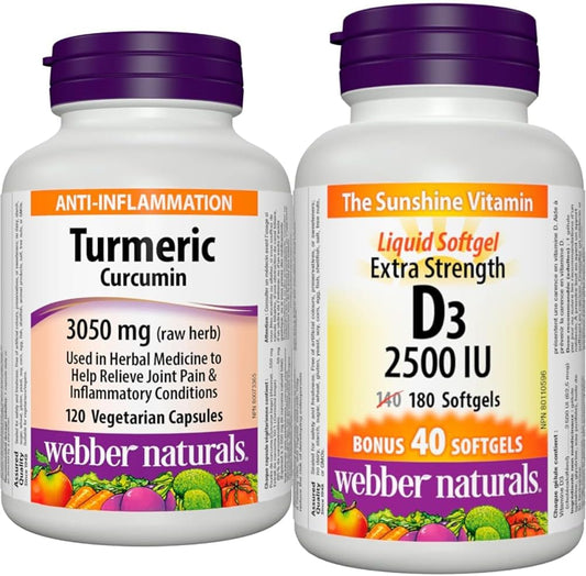 Webber Naturals 姜黄素，3,050 毫克生草本，120 粒胶囊，抗氧化支持和维生素 D3 2500 IU 强效，180 粒软胶囊，有益于骨骼和牙齿健康