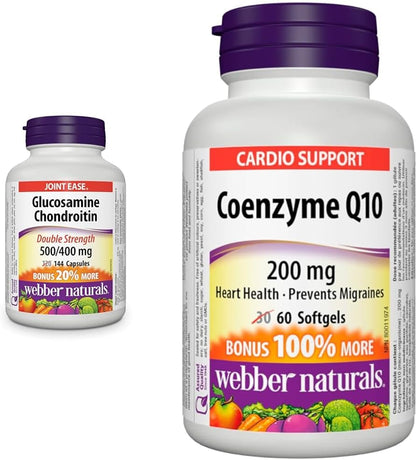Webber Naturals 葡萄糖胺軟骨素，雙倍強度，144 粒膠囊，有助於緩解關節疼痛和輔酶 Q10 200 毫克，高效抗氧化劑，非轉基因，無麩質，60 粒軟膠囊