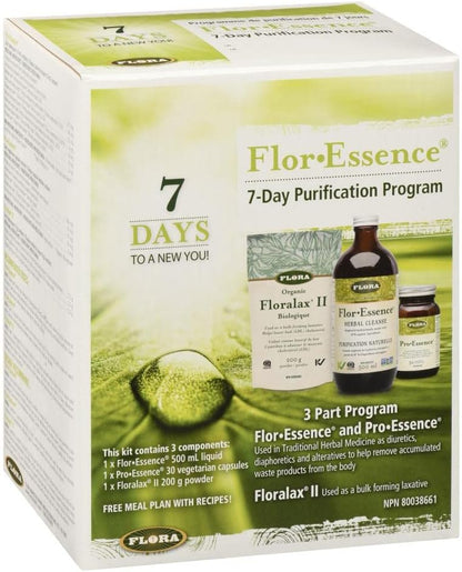 Flora Health Flor•Essence 7 天淨化計畫天然全身清潔和排毒 3 部分計畫 - Flor•Essence 液體茶混合物、Pro•Essence 泌尿道支持、Floralax II 天然瀉藥