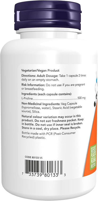 NOW Supplements, L-脯氨酸 500 毫克，促進膠原蛋白生成，結構支持，120 粒素食膠囊