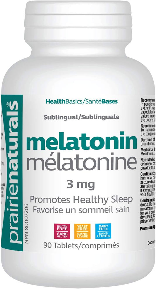Prairie Naturals 舌下褪黑激素 3 毫克片；有助于增加总睡眠时间，有助于缓解与时差、轮班工作相关的白天疲劳，减少入睡时间，有助于重置身体的睡眠-觉醒周期……