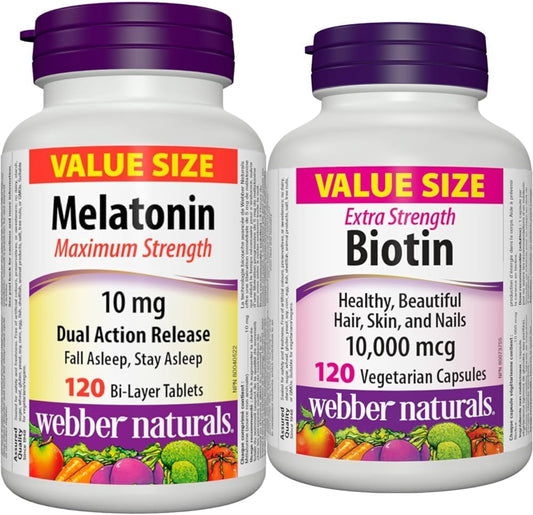 Webber Naturals Melatonin 10 mg Maximum Strength, 120 Dual Action Release Tablets & Biotin 10,000 mcg Extra Strength, 120 Capsules, Supports Healthy Hair, Skin & Nails, Energy Metabolism, Vegan