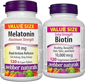 Webber Naturals 褪黑素 10 毫克特强型，120 片双层缓释片 &amp; 生物素 10,000 微克特强型，120 粒胶囊，支持头发、皮肤和指甲健康，能量代谢，纯素食。