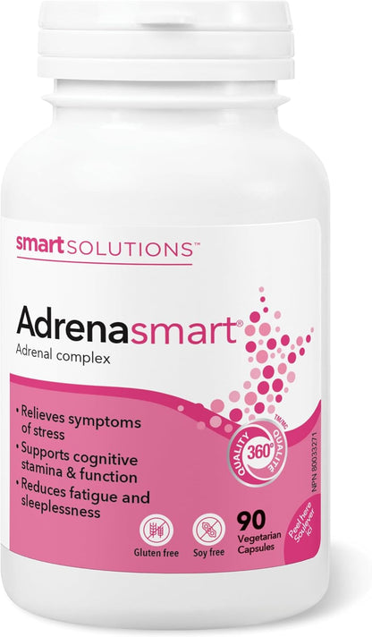 Smart Solutions Adrenasmart 素食胶囊，缓解压力症状，增强认知耐力和功能，并减轻疲劳。含 100 毫克红景天，不含麸质、大豆、人工防腐剂或甜味剂……