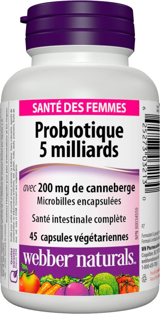 Webber Naturals Probiotic with Cranberry, 5 Billion Active Cells, 5 Probiotic Strains, 45 Capsules, Helps Prevent Recurring UTIs in Women, Vegetarian