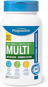 Progressive Advanced 活力男士每日複合維生素，含槲皮素、瑪卡、南非醉茄和西伯利亞人參。支持免疫健康、肌肉功能和能量，100% 完整配方，加拿大製造，60 粒裝