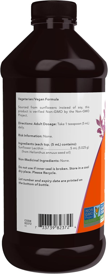 NOW Supplements，葵花卵磷脂，含天然磷脂酰胆碱和其他磷脂，无味，液体，473毫升