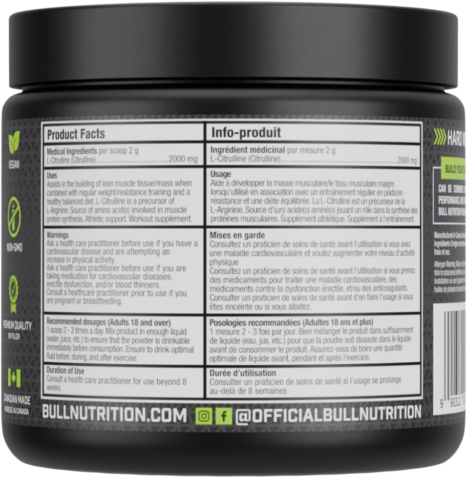 BULL Nutrition – L-瓜氨酸粉，一氧化氮促进剂和泵配方，可增强血液循环、能量和肌肉恢复 – 加拿大制造 – 100份，200克，无味