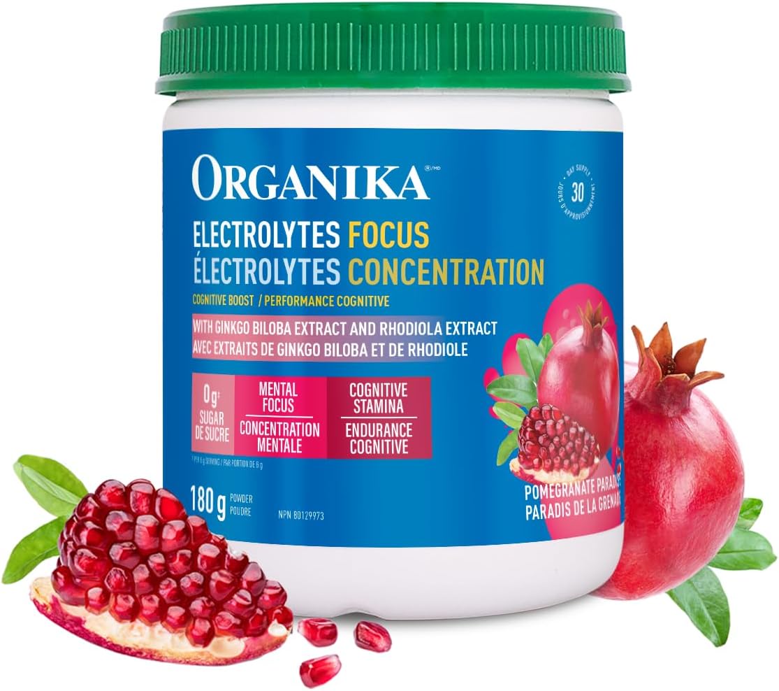 Organika Electrolytes Focus - Pomegranate Flavor Electrolytes Powder for Enhanced Concentration, Focus and Cognitive Stamina - Sugar, Coffee-Free Hydration - 180g - 30 servings