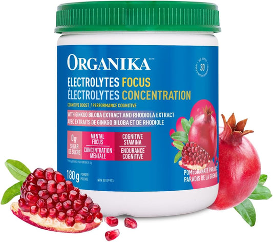 Organika Electrolytes Focus - Pomegranate Flavor Electrolytes Powder for Enhanced Concentration, Focus and Cognitive Stamina - Sugar, Coffee-Free Hydration - 180g - 30 servings