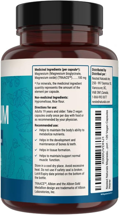 Nested Naturals 甘氨酸鎂螯合物 - 200 毫克螯合鎂補充劑，用於緩解肌肉痙攣、增強放鬆和改善睡眠支持 - 100% Albion TRACCS 緩衝甘氨酸鎂 - 120 粒純素鈣…