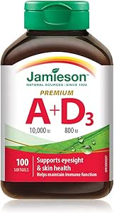 Jamieson 優質維生素 A 10,000 IU，含維生素 D 800 IU，有助於視力、皮膚健康和免疫支持。無麩質，不含人工色素和香精，100 粒軟膠囊，加拿大製造