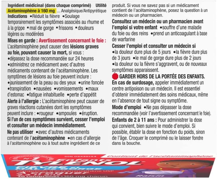 泰诺儿童退烧和咽喉痛咀嚼片，缓解发烧和咽喉痛，20片，葡萄味，适用于6-11岁儿童