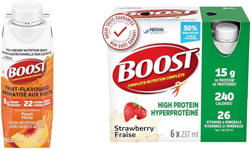 Boost 水果口味飲料桃子口味，237 毫升，24 支 & 15 克高蛋白代餐飲料草莓口味，237 毫升，6 支（4 包）