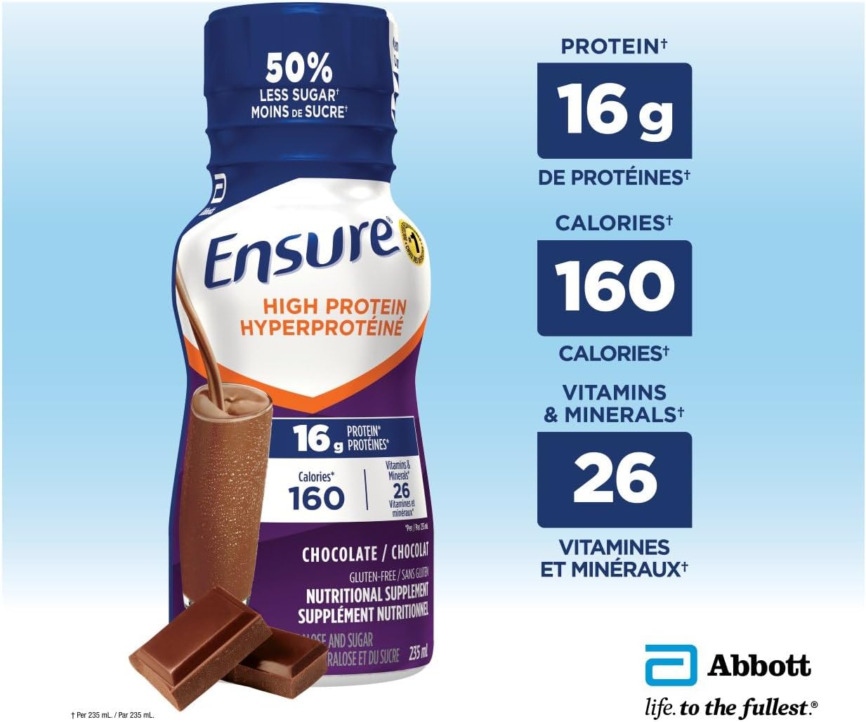 Ensure 高蛋白 16 克，营养补充剂蛋白奶昔，即饮，巧克力味，6 x 235 毫升瓶装