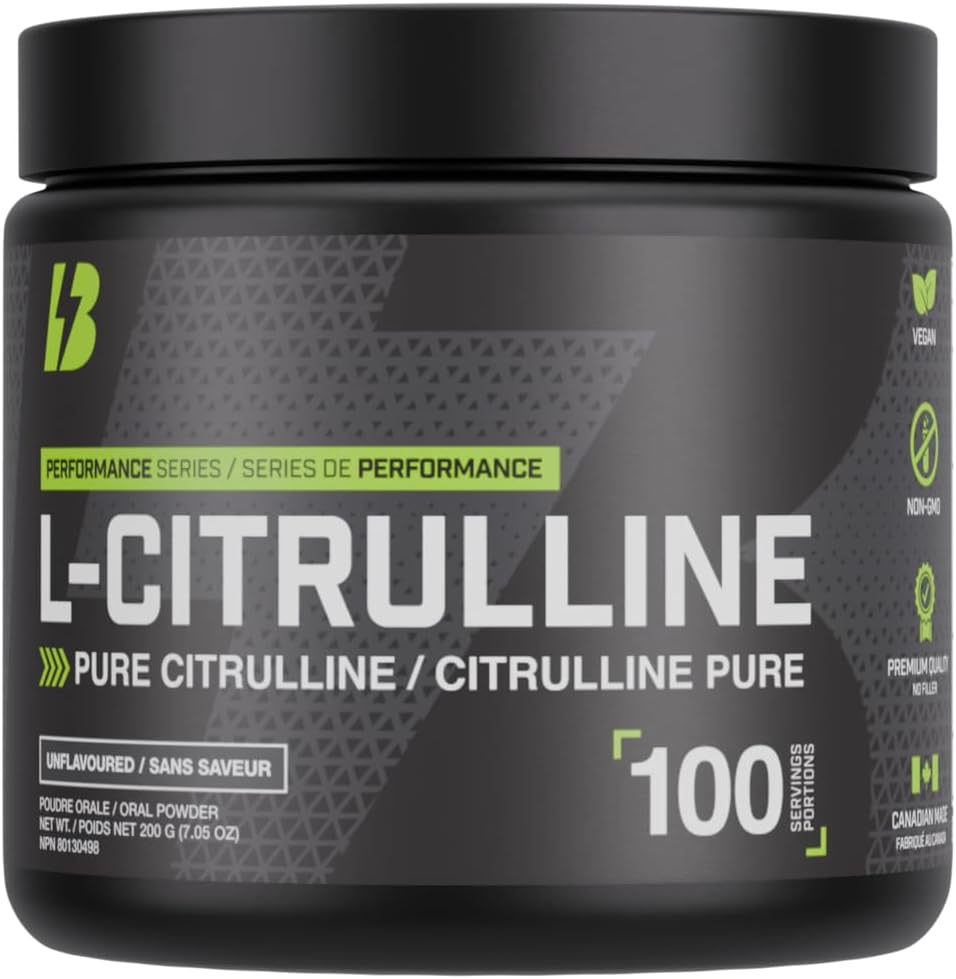 BULL Nutrition – L-瓜氨酸粉，一氧化氮促进剂和泵配方，可增强血液循环、能量和肌肉恢复 – 加拿大制造 – 100份，200克，无味