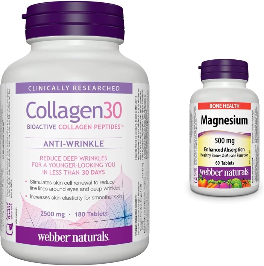 Webber Naturals 膠原蛋白 30 抗皺鎂片 500 毫克，60 片，增強礦物質吸收，支持骨骼和肌肉功能，純素