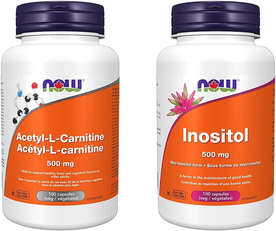 NOW 乙醯左旋肉鹼 500 毫克 100 粒膠囊和 NOW 肌醇 500 毫克 100 粒膠囊