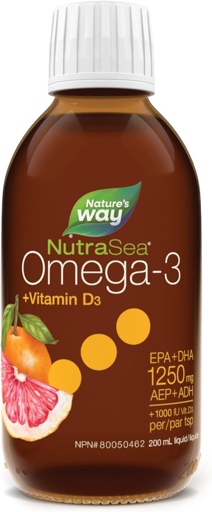 Nature's Way NutraSea Omega-3 和維生素 D 補充劑 - 含 1250 毫克 EPA 和 DHA、1000 IU 維生素 D3 的魚油 - 支持健康的心臟和大腦，幫助強健骨骼和牙齒，並有助於支持免疫系統 - 葡萄柚…