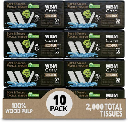 WBM Care 双层面巾纸，茶树香型 - 200 张，10 包（共 2000 张）超柔软，100% 天然，最适合冲洗