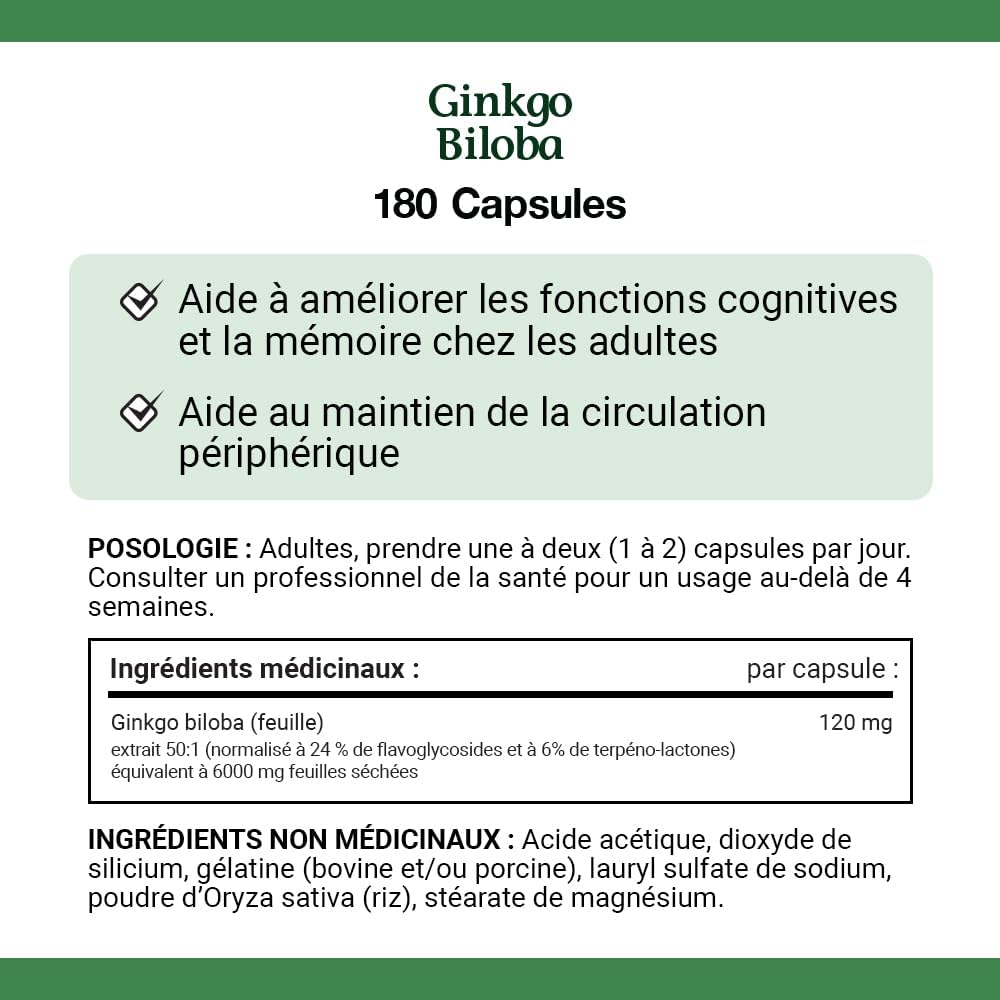 自然之宝银杏叶胶囊，120 毫克，超值装，有助于增强认知功能，有助于支持外周循环，成人适用，180 粒