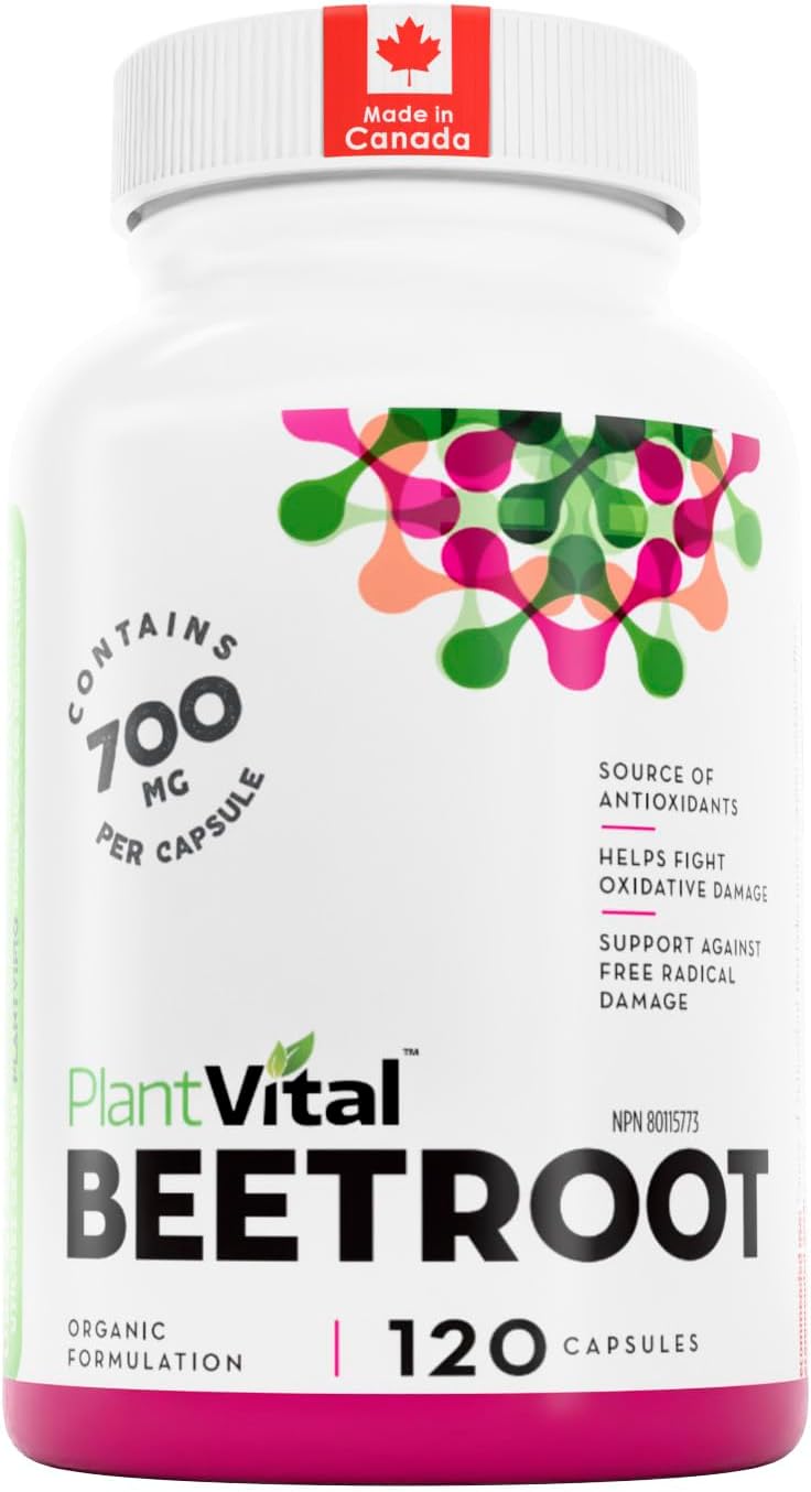 PlantVital Organic Beetroot 1400mg per day -Made in Canada, Health Canada Licensed- Antioxidant Beet Root Supplement - Protects Against Oxidative Damage and Free Radicals -120 Capsules, 2-Month Supply