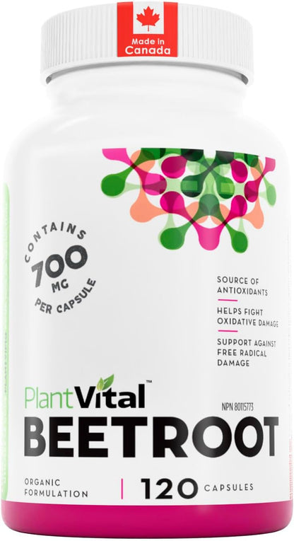 PlantVital Organic Beetroot 1400mg per day -Made in Canada, Health Canada Licensed- Antioxidant Beet Root Supplement - Protects Against Oxidative Damage and Free Radicals -120 Capsules, 2-Month Supply