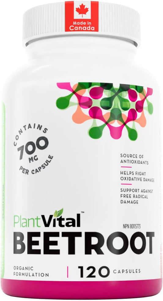 PlantVital Organic Beetroot 1400mg per day -Made in Canada, Health Canada Licensed- Antioxidant Beet Root Supplement - Protects Against Oxidative Damage and Free Radicals -120 Capsules, 2-Month Supply