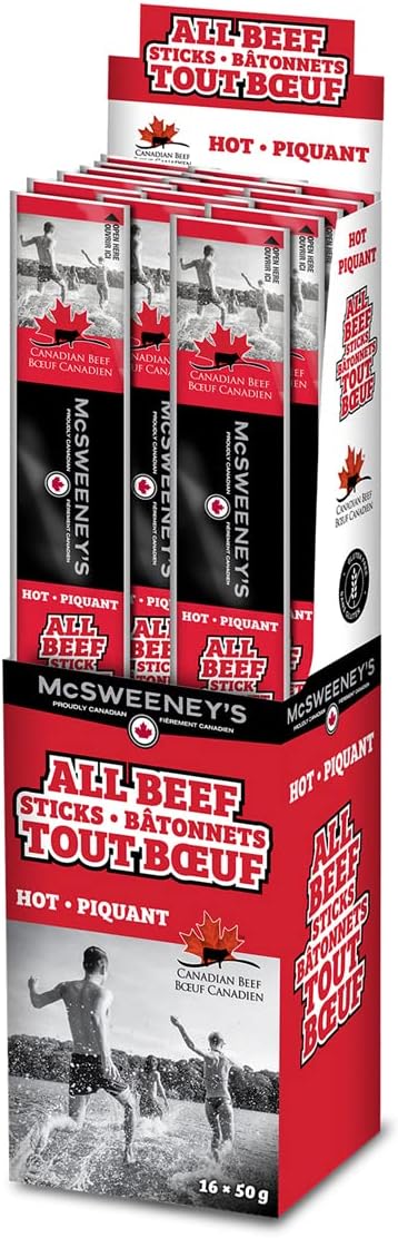McSweeney's Hot All Beef Meat Stick Box. 100% Made in Canada, High Protein Snacks, Low Carb, Gluten Free, Low Fat, Meat Snacks, Naturally Smoked, Shelf Stable, Bulk Case 50g (Pack of 16)
