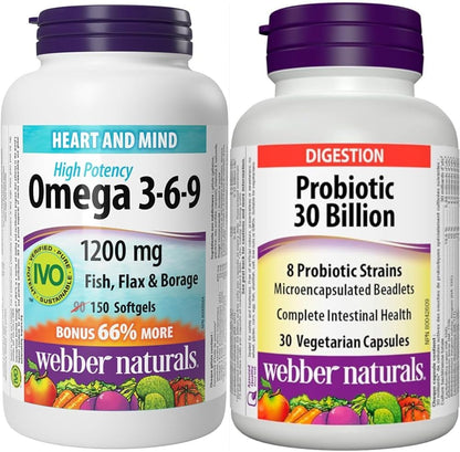 Webber Naturals Omega 3-6-9 1,200 毫克鱼油，150 粒软胶囊和益生菌 300 亿活性细胞，8 种益生菌菌株，30 粒胶囊，促进消化健康，素食