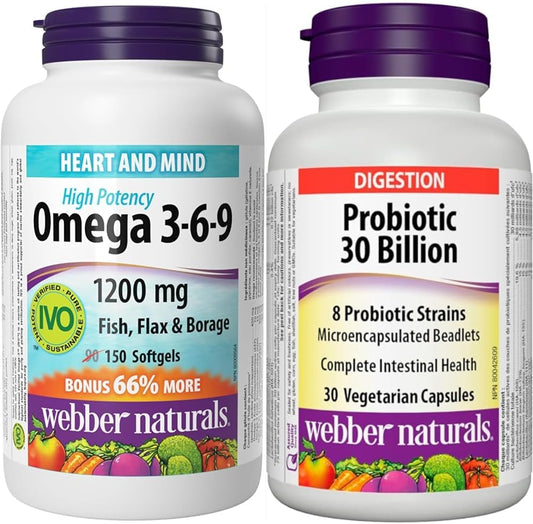 Webber Naturals Omega 3-6-9 1,200 毫克魚油，150 粒軟膠囊和益生菌 300 億活性細胞，8 種益生菌菌株，30 粒膠囊，促進消化健康，素食