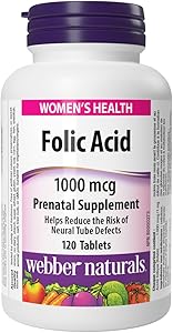 Webber Naturals Folic Acid 1000 mcg, 120 Tablets, Prenatal Nutrient, Vegan