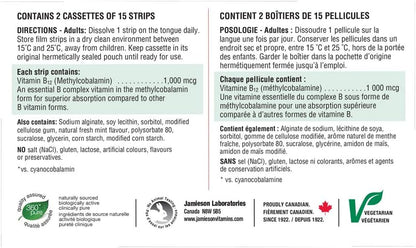 Jamieson 維生素 B12 1000 微克速溶片，天然薄荷味，含甲鈷胺，支持能量生成和代謝，旅行裝。素食。無麩質，不含人工色素、香精或防腐劑…