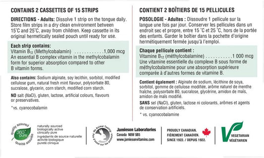 Jamieson 維生素 B12 1000 微克速溶片，天然薄荷味，含甲鈷胺，支持能量生成和代謝，旅行裝。素食。無麩質，不含人工色素、香精或防腐劑…