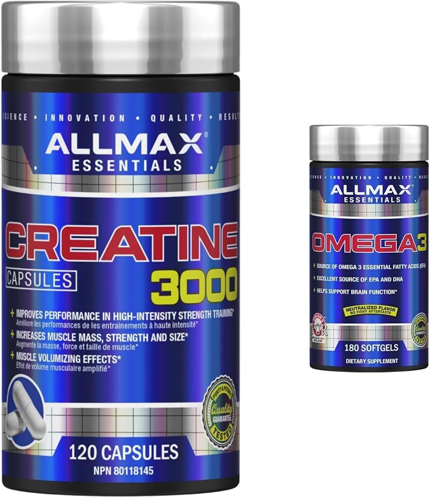 ALLMAX Nutrition - 肌​​酸 3000，肌酸一水合物胶囊，用于增强力量和肌肉恢复，含 Omega-3 必需脂肪酸和超纯冷水鱼油，180 粒