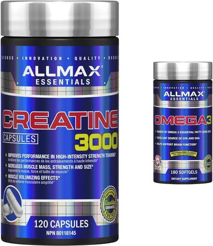 ALLMAX Nutrition - 肌​​酸 3000，肌酸一水合物胶囊，用于增强力量和肌肉恢复，含 Omega-3 必需脂肪酸和超纯冷水鱼油，180 粒
