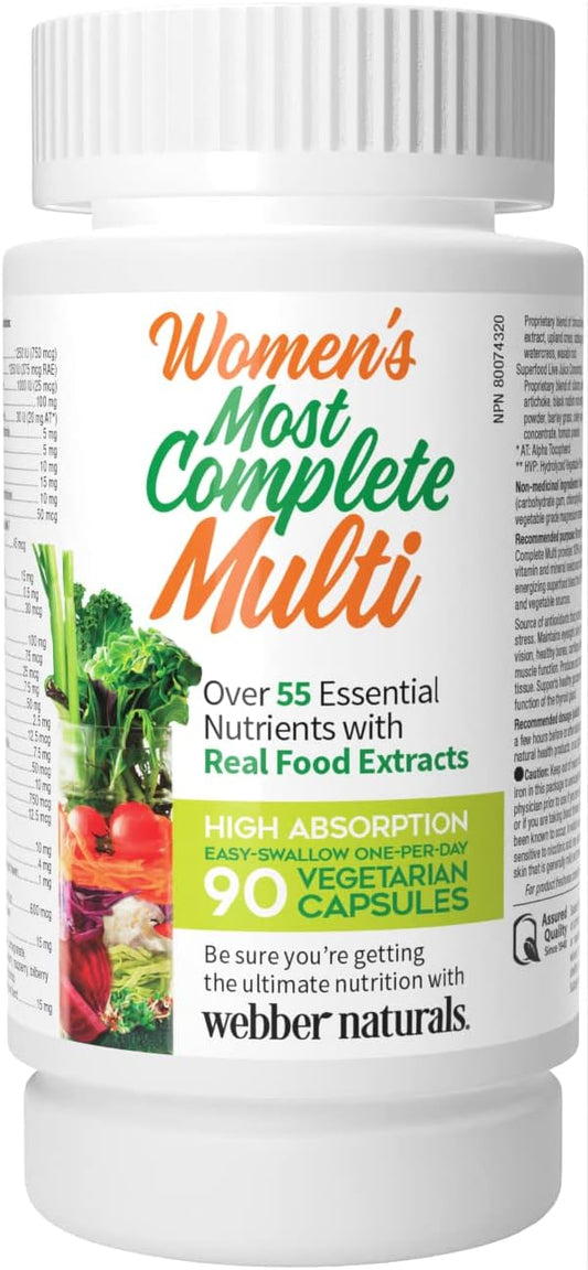 Webber Naturals Most Complete Multi For Women, 90 Capsules, One-Per-Day, Over 55 Vitamins & Omega 3-6-9 1,200 mg Fish Oil, 180 Clear Enteric No Fishy Aftertaste Softgels