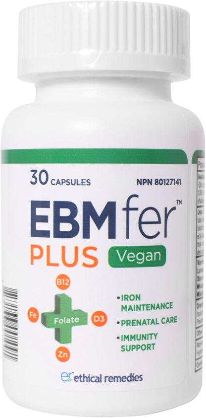 EBMfer PLUS 素食膠囊 30 粒 | 每日 1 粒 | 鐵質維持 | 產前護理 | 免疫支持 | 頭髮、皮膚、指甲和骨骼支持 | 30 粒膠囊