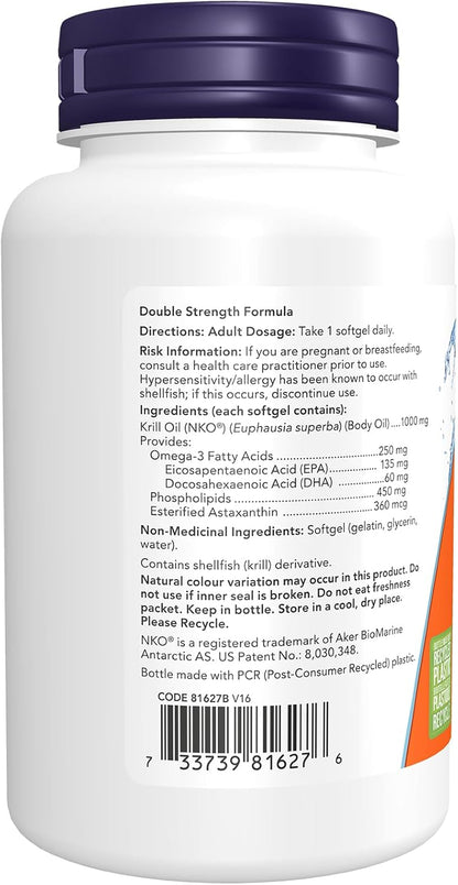 NOW Supplements, 磷蝦油，雙倍強度 1000 毫克，磷脂質結合 Omega-3，60 粒軟膠囊