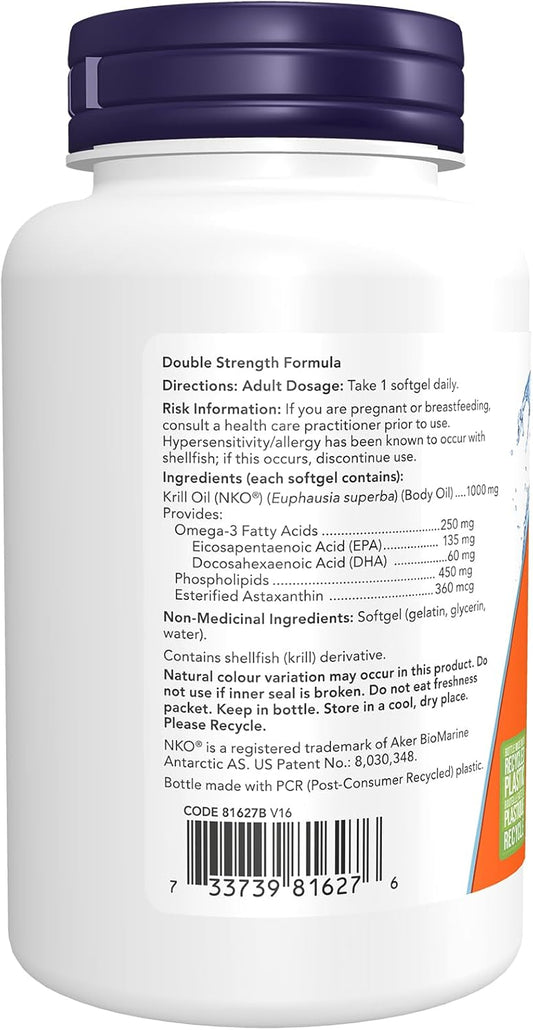 NOW Supplements, 磷蝦油，雙倍強度 1000 毫克，磷脂質結合 Omega-3，60 粒軟膠囊