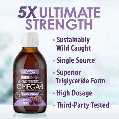5倍極致強度 Omega 3 補充劑（含維生素 D）、魚油 Omega 3 液體（含 EPA、DHA 補充劑）、葡萄口味 Omega3 補充劑、野生魚油補充劑，225 毫升