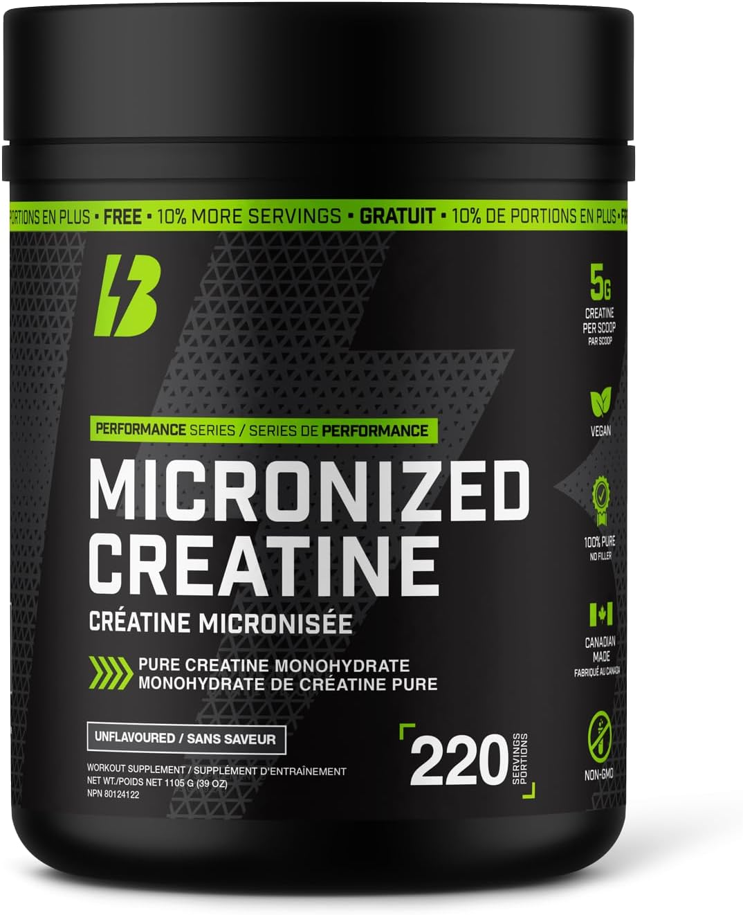 BULL Nutrition – 微粉化肌酸一水合物补充剂粉，用于促进肌肉生长、增强耐力和力量，从而提高运动表现 – 加拿大制造 – 220 份，1100 克 - 无味